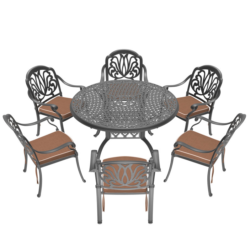 Ensemble de 7 pièces de mobilier de patio en aluminium coulé avec cadre noir et coussins de siège bruns
