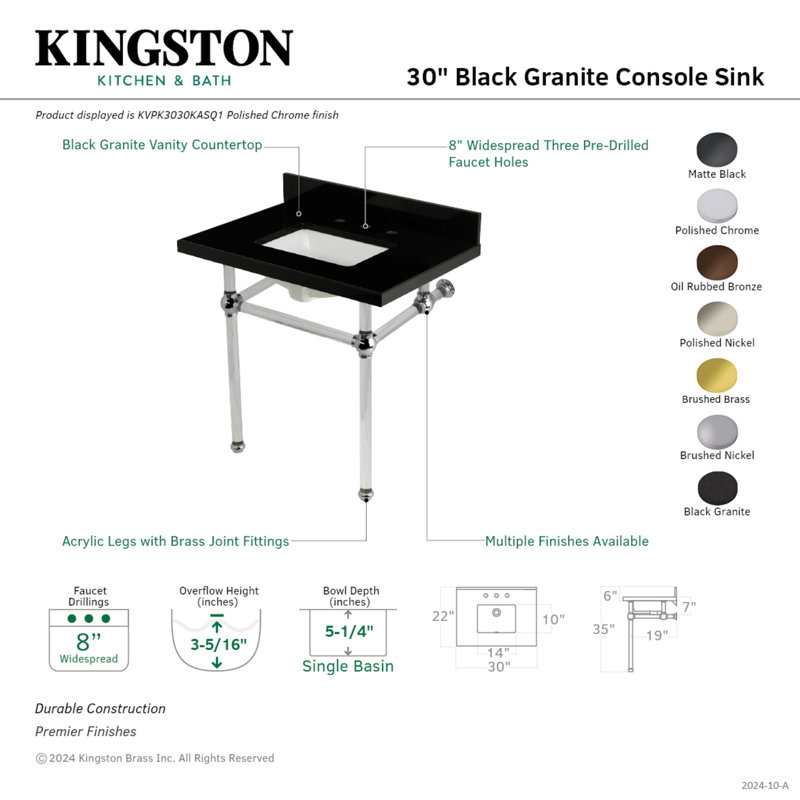 Kingston Brass Templeton 30-Inch Black Granite Console Sink with Acrylic Legs (8-Inch, 3-Hole), Polished Chrome