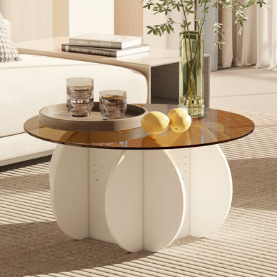 Table basse ronde à base de fleurs, table de cocktail moderne en verre trempé ambré pour petit salon