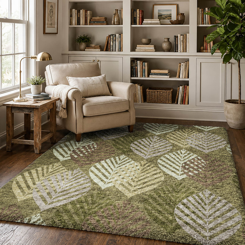 Tapis Dream Shag ADS744 de qualité supérieure, lavable à la machine et à motif floral, Olive, 5 pi x 7 pi 6 po