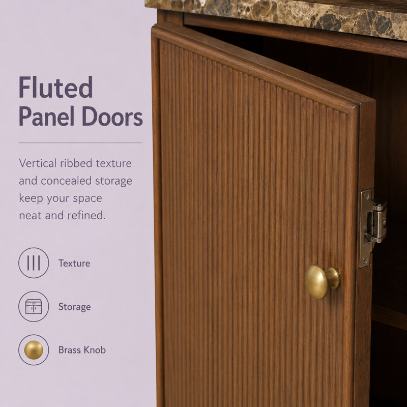 Bibliothèque haut Chambaud avec portes cannelées et comptoir en faux marbre, Walnut