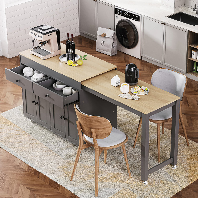 74.5 Inch Extendable Kitchen Island With Dining Table, Rolling Cart On Wheels, Spice Rack, 2 Drawers, And 4 Door Cabinet, Grey