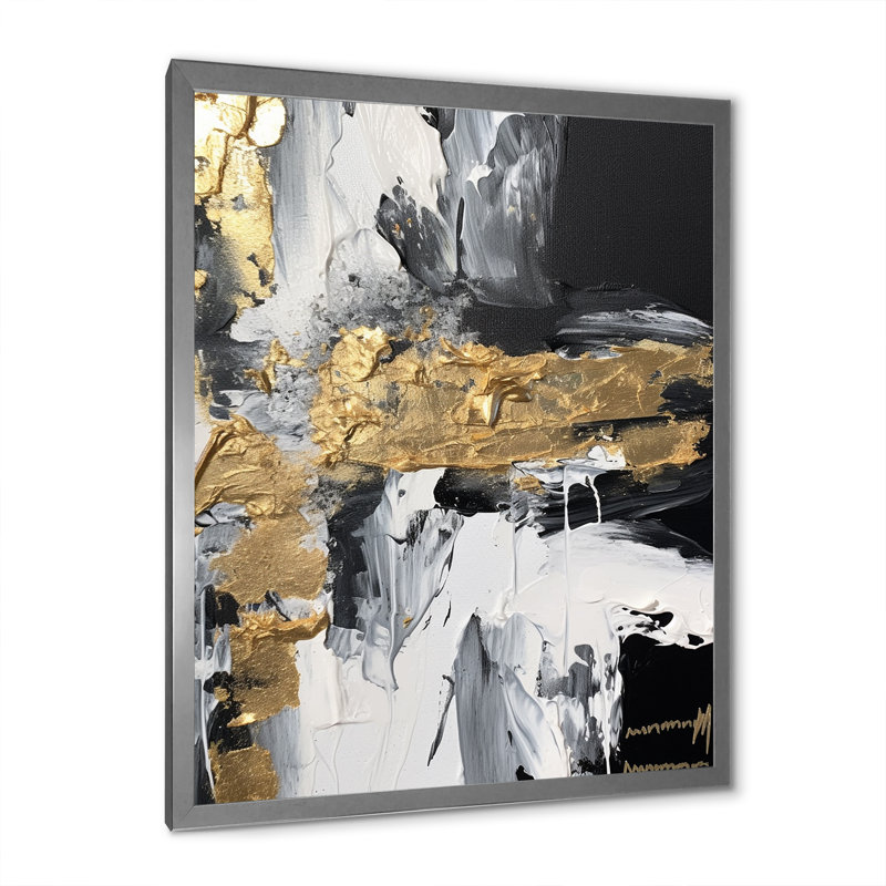 Dimensions horizontales abstrait noir doré I - impression, Cadre simple argenté, H 40 po x l 30 po x P 1,5 po