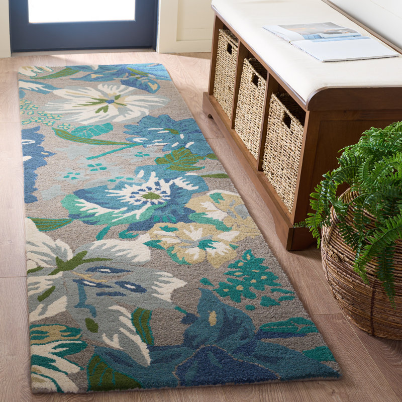 Tapis bleu en laine / viscose touffeté à la main Avayah Soho, Tapis de couloir 2 pi 6 po x 8 pi