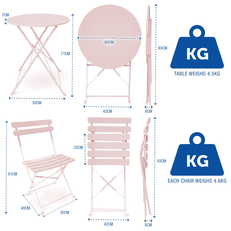 SUNMER 3-Piece Bistro Set with Foldable Table and Chairs, Frosty Pink