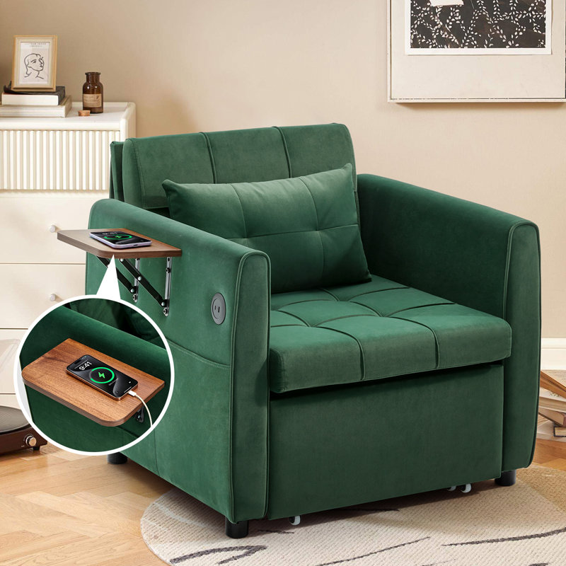4-In-1 Convertible Sleeper Sofa Bed For Adults – 90" Extra Long Pull-Out Bed With Wing Table, USB Charging & Storage, Green