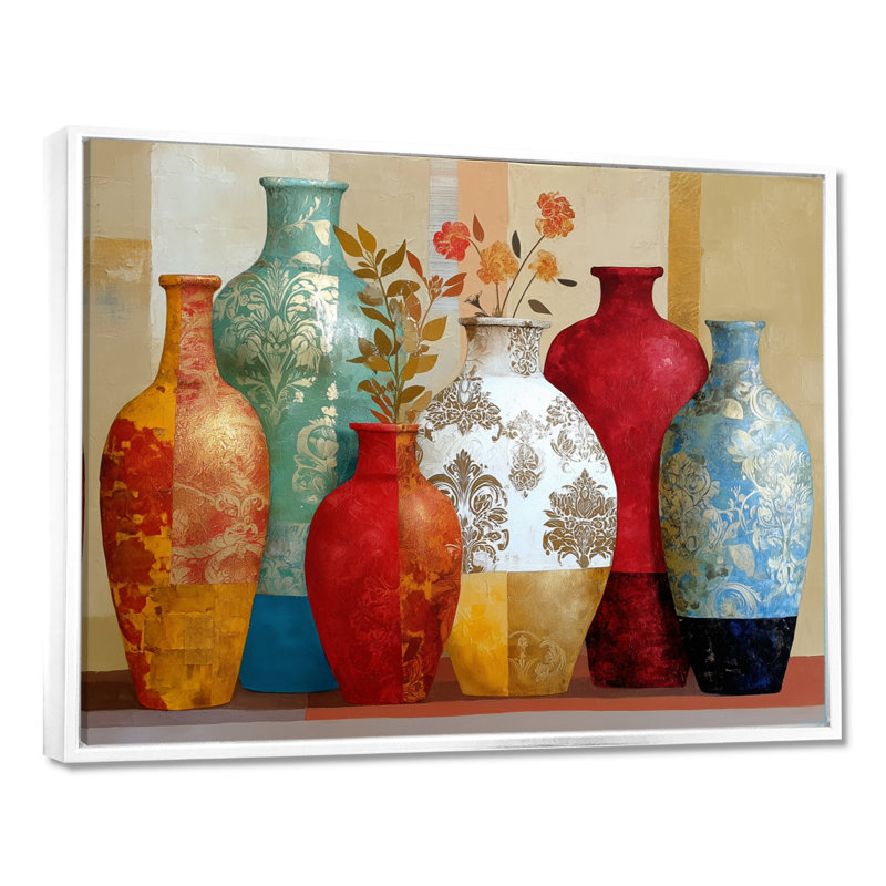 «Boho Plants Moroccan Vases - Morocco Pottery», reproduction d'art sur toile rouge, H 30 po x l 40 po, Cadre flottant, Blanc