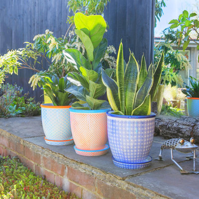 Nicola Spring - Hand Printed Plant Pot with Saucer - 20.5cm - Navy