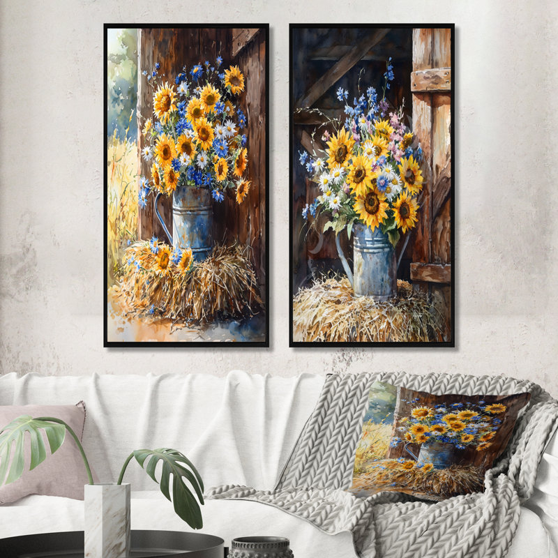 Assortiment de fleurs et fleurs du champ I - décoration murale florale 2 panneaux, H 40 po x l 41 po, Cadre flottant noir