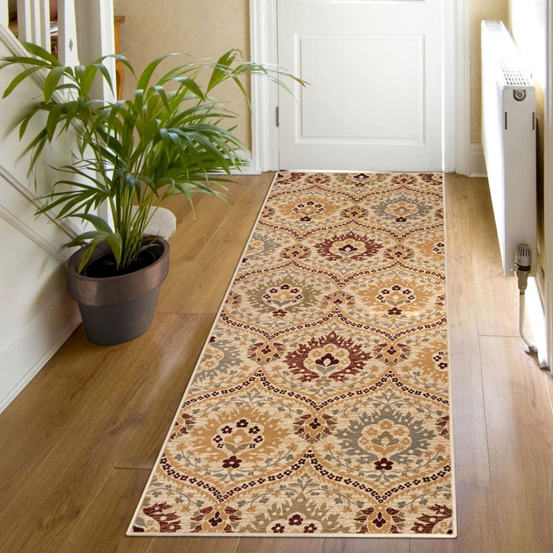 Tapis de couloir floral 8 pi gris et rouille résistant aux taches