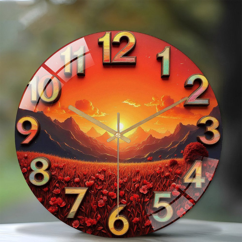 Sunset Mountain Landscape Wall Clock Home Decor Art - 12'' Modern Glass Wall Clock