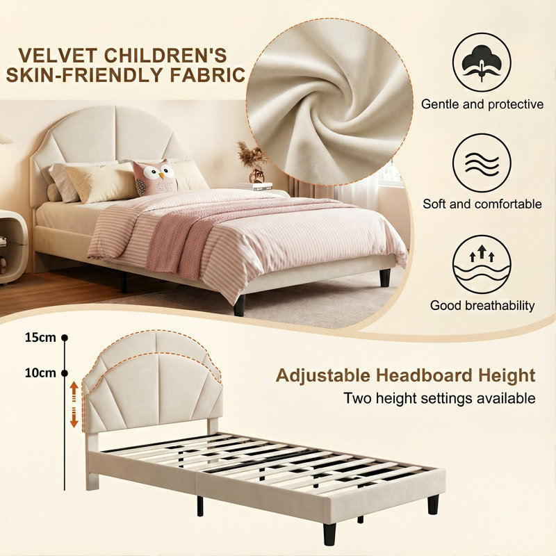 UK & EU Single Velvet Kids Bed Frame with Adjustable Headboard, Soft Upholstered Children's Bed, Pink & Beige, 90x190/200cm