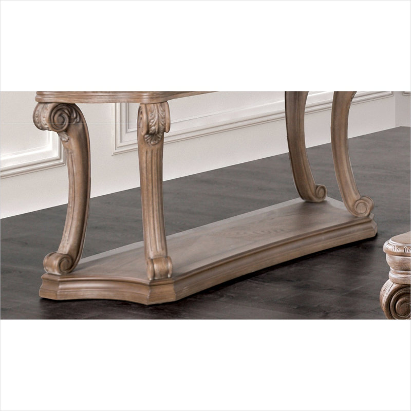 Table de canapé avec tablette ouverte et pieds à volutes, console traditionnelle en bois massif au fini chêne pour le salon