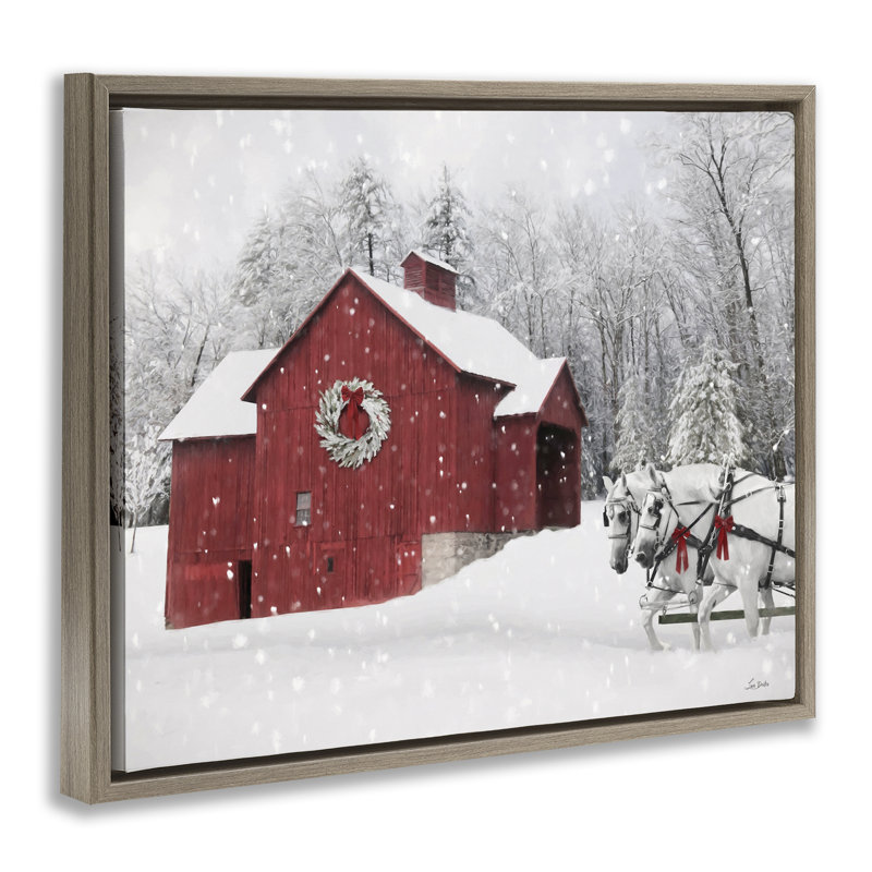 Toile enneigée rouge avec toile de neige par Lori Deiter, Cadre flottant orme Montalcino, H 25 po x l 31 po