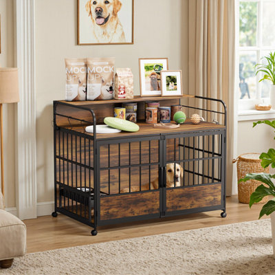Large Heavy Duty Dog Crate Furniture with Two Platforms - Double-Doors, Chew-Proof Kennel with Storage & Decorative Design