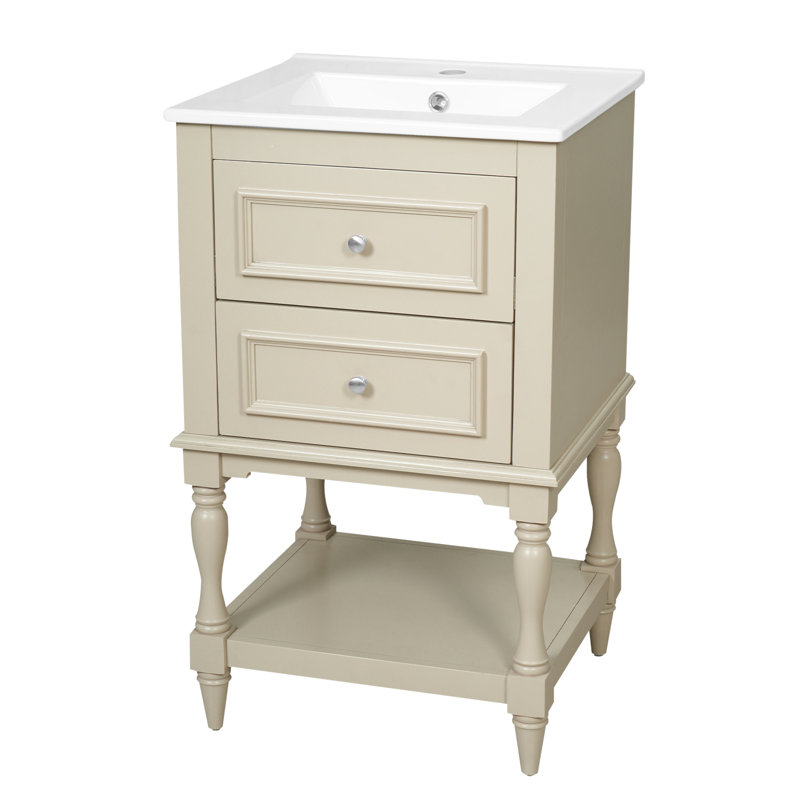 Meuble-lavabo de 20 po avec lavabo en céramique, armoire de rangement avec tablette ouverte, armoire de salle de bain rétro avec 2 tiroirs