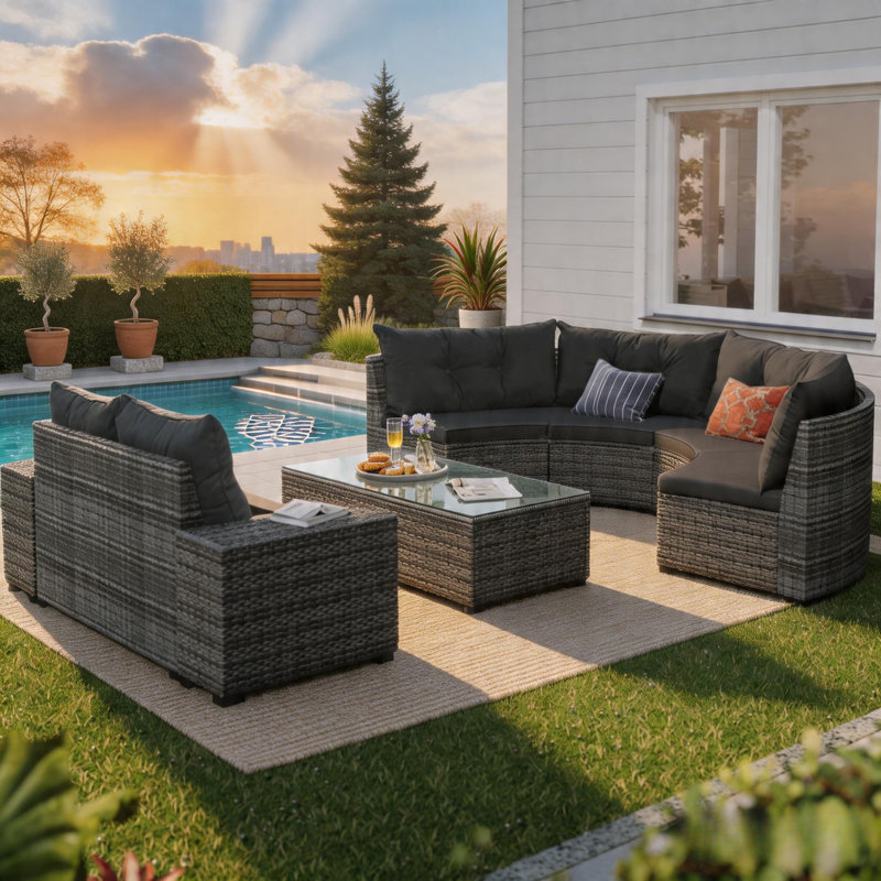 Ensemble modulaire de patio modulaire en osier courbé pour 6 personnes avec table basse pour cour, bord de piscine, Gris