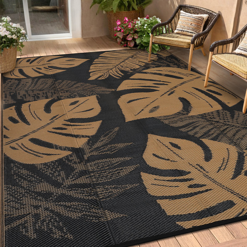 Waterproof Reversible Outdoor Plastic Straw Rug 9x12ft, UV Resistant, Easy-Clean Patio Carpet with Portable Bag & 4 Stakes, Perfect for RV, Balcony, Black Brown