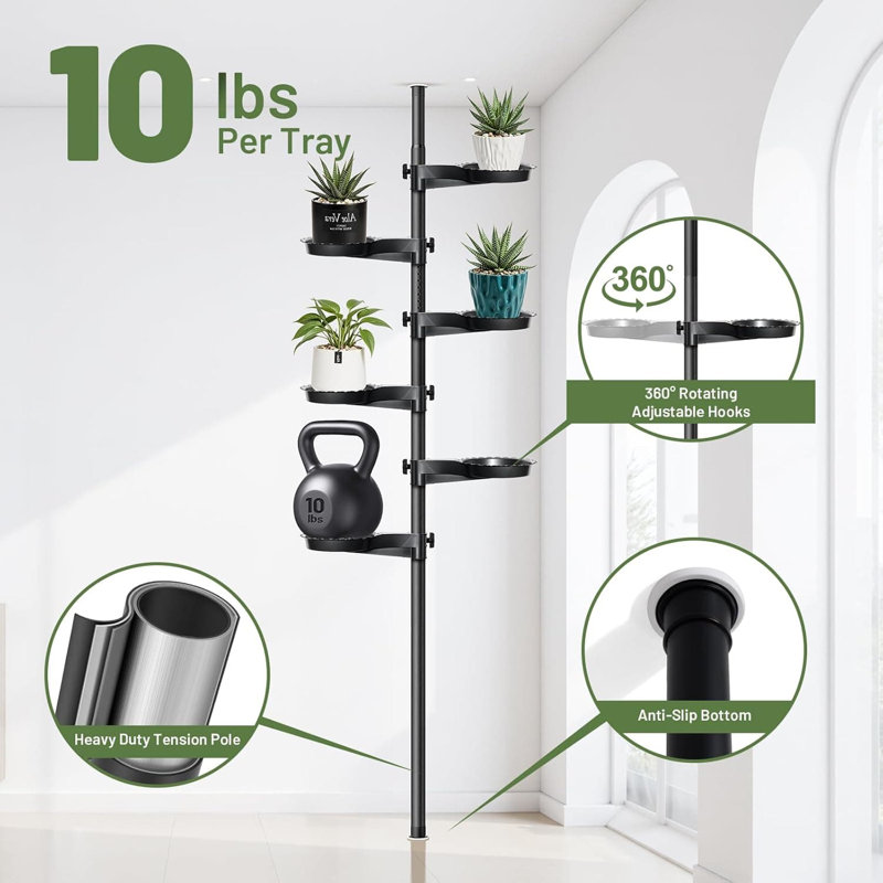 6-Tier Tension Rod Plant Stand For Indoor Hanging Plants, Floor To Ceiling Plant Pole With 6 Adjustable Trays, No Drilling Installation For 3.6-10Ft