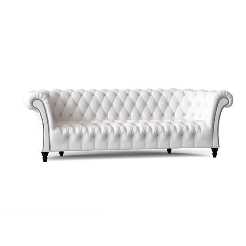 Canapé Chesterfield à accoudoirs roulés, Blanc délavé Marves, Noyer, Standard