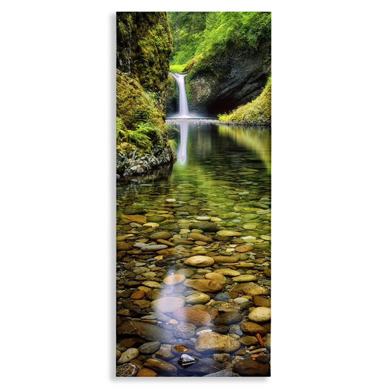 Clear Stream Waterfall Green and Brown Canvas Landscape Print