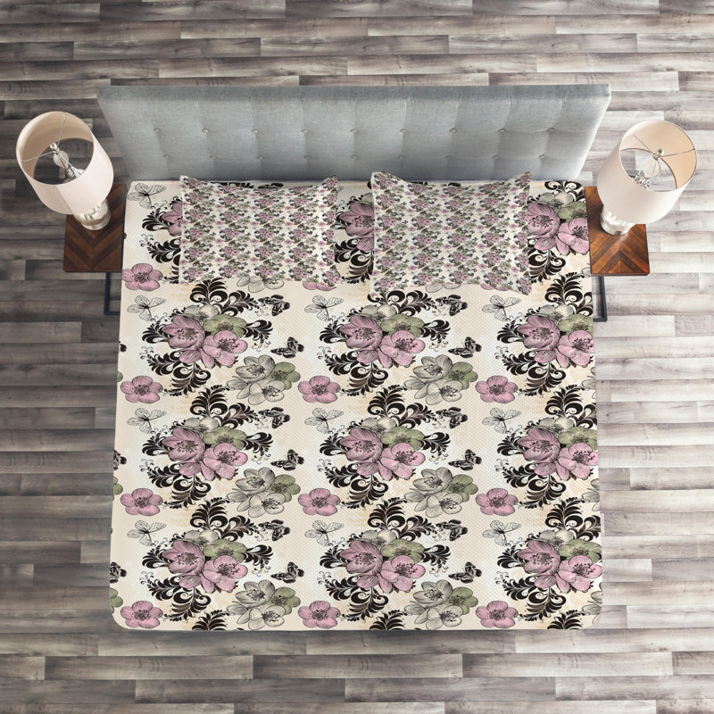 Eclectic Polyester Coverlet, King Bedspread + 2 Shams, Charcoal Gray Floral
