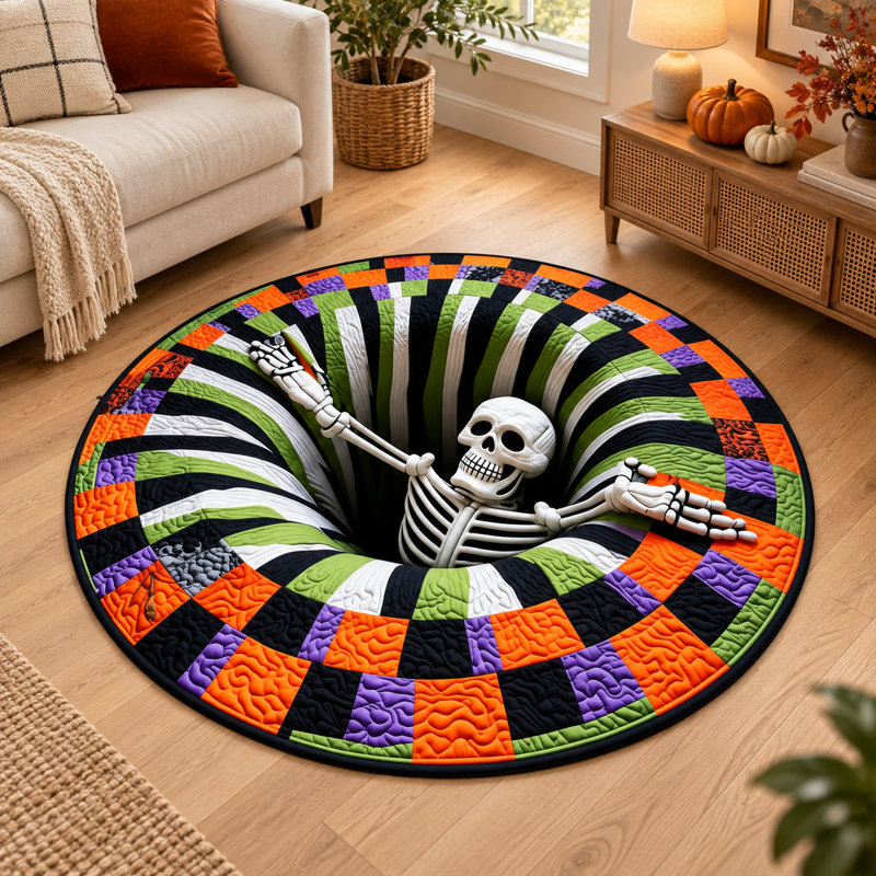 Tapis rond de 40 pouces avec effet d'optique 3D représentant un squelette d'Halloween et un envers antidérapant