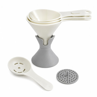 6 in 1 Kitchen Funnel Set with Storage Stand, Food Grade PP Multi Size Funnels, Egg White Separator & Filter Strainer, Nested Stackable Oil Liquid Powder Transfer Funnel for Canning Baking Cooking