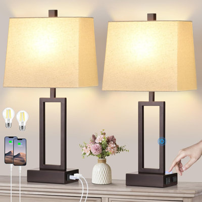 Touch Control Table Lamps Set Of 2, Modern Brown Bedside Lamps With USB A+C Ports & AC Outlet, 3 Way Dimmable Contemporary Nightstand Lamps For Bedroom Living Room(LED Bulb Included)