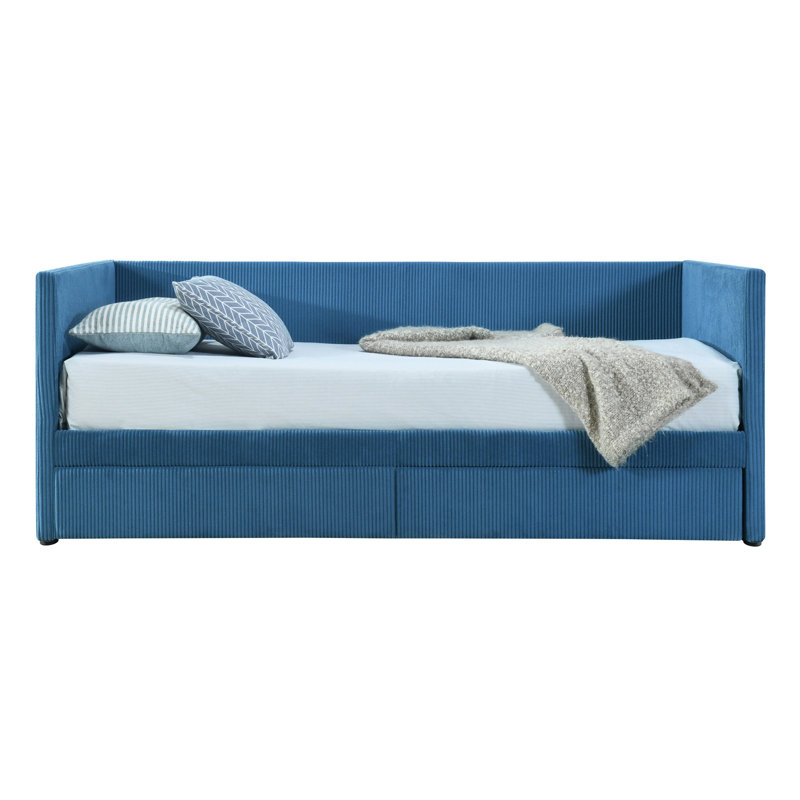 Twin Size Corduroy Daybed with Two Storage Drawers & Solid Wood Slat Frame, Blue, Blue