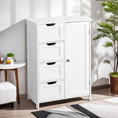 Wooden Floor Cabinet With 4 Drawers And 1 Cupboard, 1 Adjustable Shelf Bathroom Storage Organizer