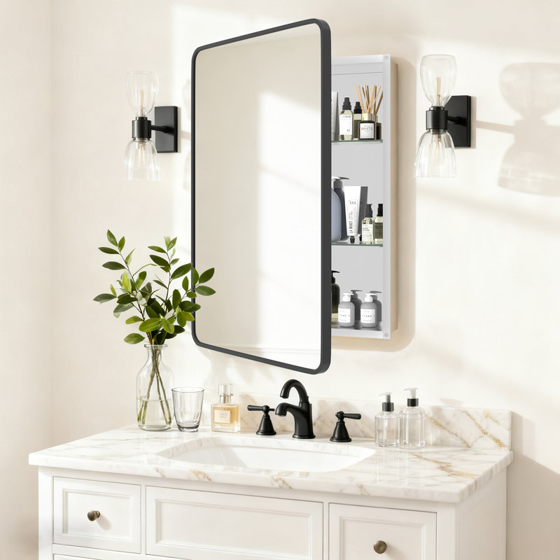 Armoire à pharmacie en aluminium avec miroir, H 36 po x l 24 po x P 3,8 po, Noir