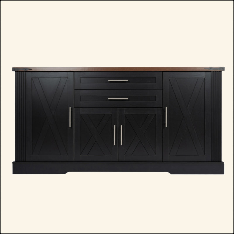 Armoire de rangement avec porte de grange 63 po avec 2 tiroirs et support de porte 63 po, Noir