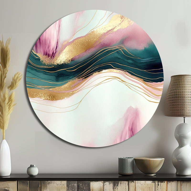 Géode abstraite, marbre rose et vert III - Art abstrait rond en métal, H 16 po x l 16 po