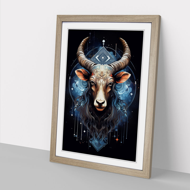 XYZ-FRM-V1223-1608 Taurus Zodiac Geometric - Single Picture Frame Print on Wood, Oak, 34cm H x 25cm W x 2cm D