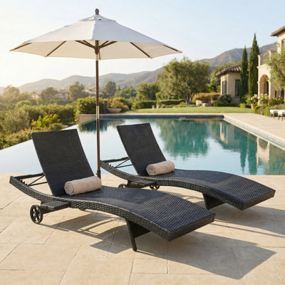80" Patio Wicker Chaise Lounge Set,Outdoor Rattan Reclining Chair with Rolling Wheels, Pull-out Side Table, Adjustable Backrest for Poolside