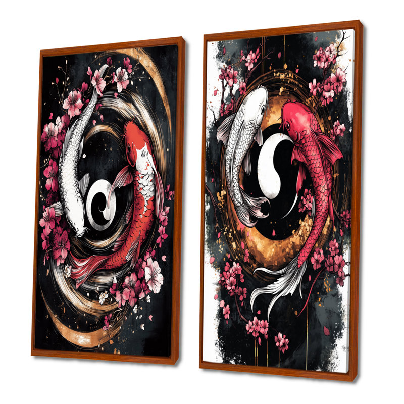 Ensemble d'art mural 2 pièces Sakura Yin et Yang Koi Pond I - Kois Fish, H 32 po x l 32 po, Brun, Impression encadrée