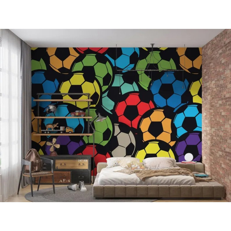 Colourful Soccer Ball Pattern Wallpaper Mural, 96" L x 108" W