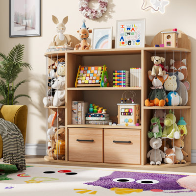 Saudism Wooden Storage Organizer with Elastic Ropes, 4-Tier Kids Toy Storage Shelf with 2 Removable Drawers, DIY Modular Toy Cabinet for Playroom, Nursery, Bedroom (Natural)
