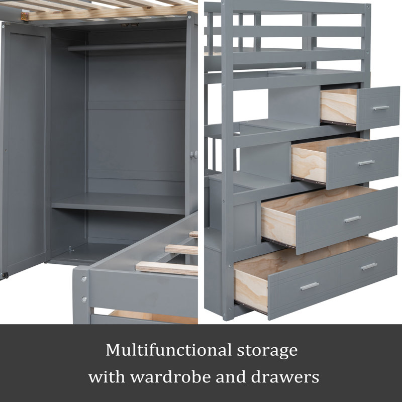 Kadijatu Kids Bunk Bed with Drawers, Gray