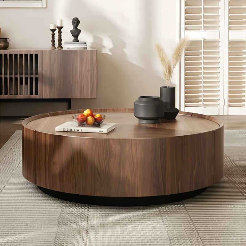Walnut Round Coffee Table with Hidden Storage Drawers,No Assembly Required, 12.6'' H x 39.37'' L x 39.37'' W