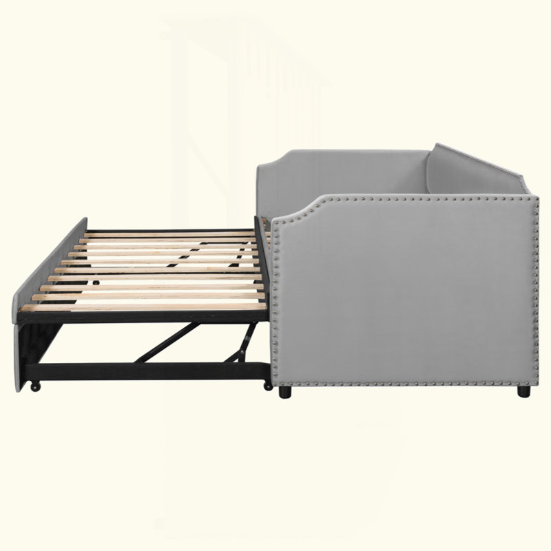 Velvet Upholstered Daybed With Pop Up Trundle, Gray