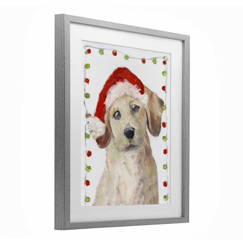 «Santa Paws Pup», reproduction sous verre, conception de Sally Swatland, H 21 po x l 17 po, Cadre de ferme gris