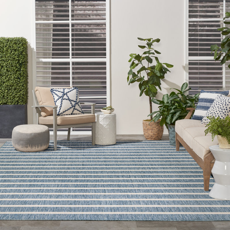 Rectangle Shaila Indoor/Outdoor Area Rug, Rectangle 9' x 12', Navy Blue/Ivory