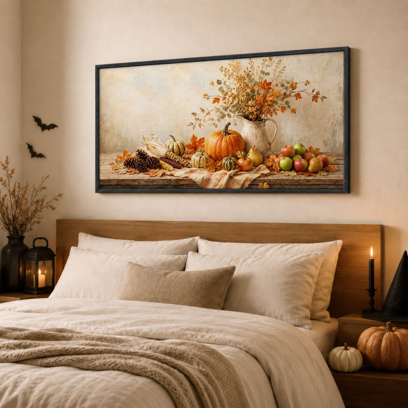 «Fall Harvest», citrouille et pomme, nature morte sur toile d'Halloween, 58“W x 28”H