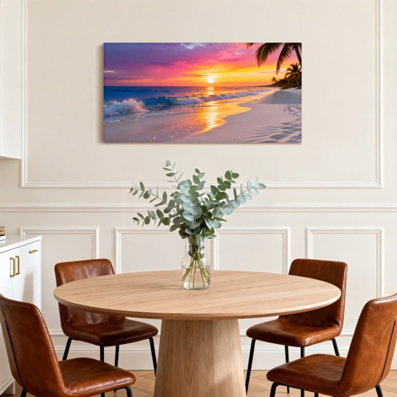 Paysage et nature, coucher de soleil tropical, plage, palmiers, vagues de l'océan, empreintes de sable, H 16 po x l 32 po