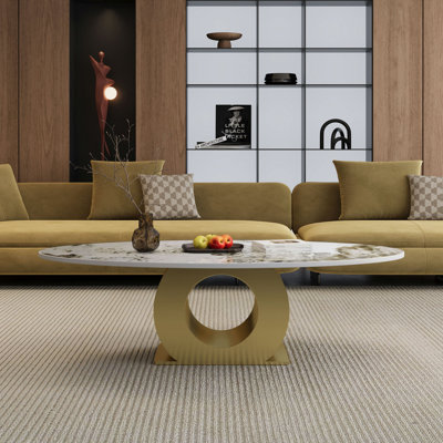 Table basse ovale moderne en pierre frittée de 49,2 po avec base en acier inoxydable
