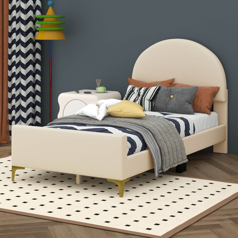 Lit plateforme tapissier simple avec tête de lit demi-cercle et pieds mentaux, Lit simple, Beige