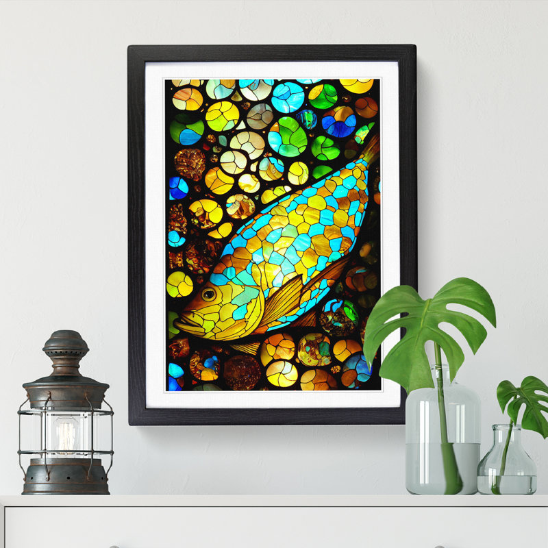 Altimari Fish Stained Glass - Picture Frame Print, 64cm H x 46cm W, Oak