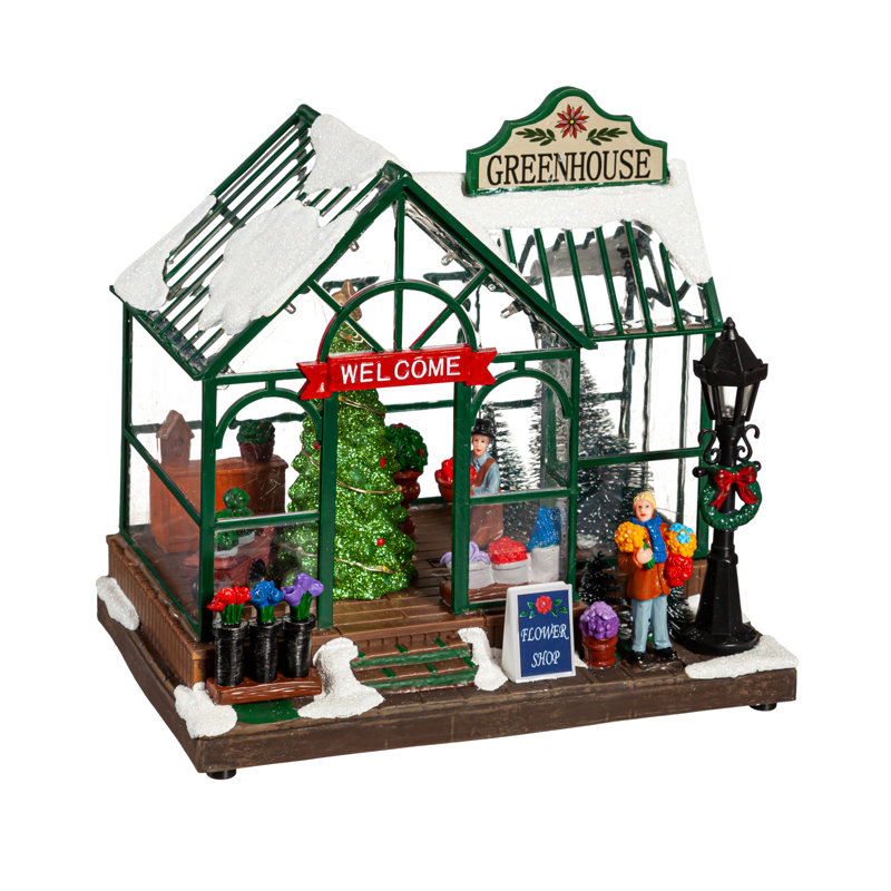 8" LED Christmas Greenhouse With Rotating Tree & Music Table Décor